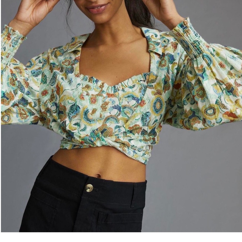 Anthropologie‎ Floral Twist Front Crop Top Balloon Sleeve Smocked Womens Medium